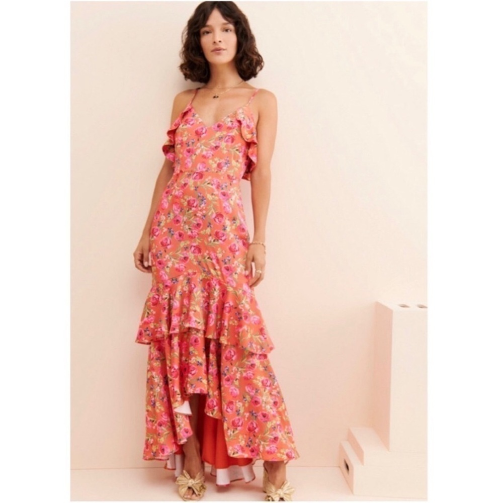 Keepsake the Label For Me Gown Tangerine Orange Floral Ruffle Trim Satin Dress